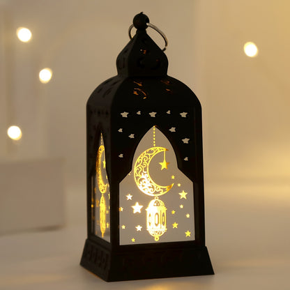 مجموعة من 4 فوانيس LED لشهر رمضان | شموع بلاستيكية قائمة بذاتها بإضاءة علوية، مزينة بتصاميم للصلاة والبركة، تعمل بالبطاريات، بطاريات زر غير قابلة لإعادة الشحن