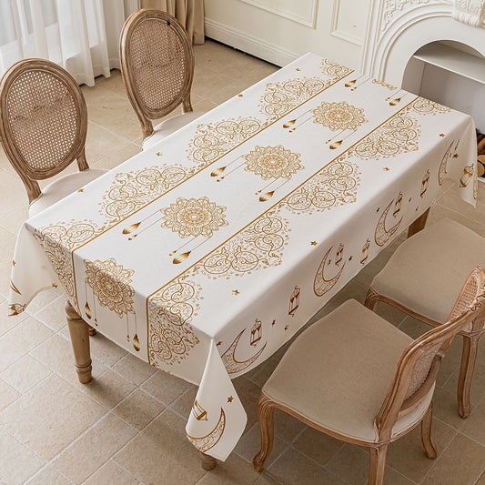 1pc Beige Islamic Tablecloth with Golden Crescent and Star Pattern - Table Cover for Ramadan, Eid, and Arabian Night Party Decor - Elegant Beige-Golden Dual-Tone Islamic Home Decor, Durable and Easy-Clean Tablecloth for Daily