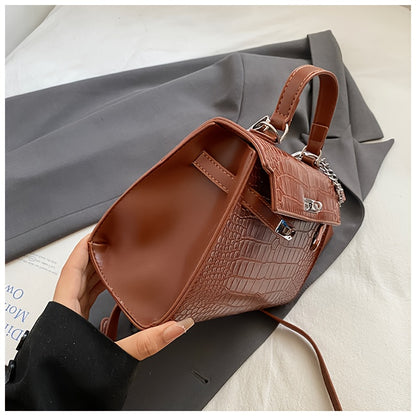 Women’s Luxury Alligator-Texture Handbag – Adjustable Crossbody Strap, Golden-Tone Hardware, Turn-Lock Closure & Reinforced Top Handle, European Collection (Deep Brown/White/Black)