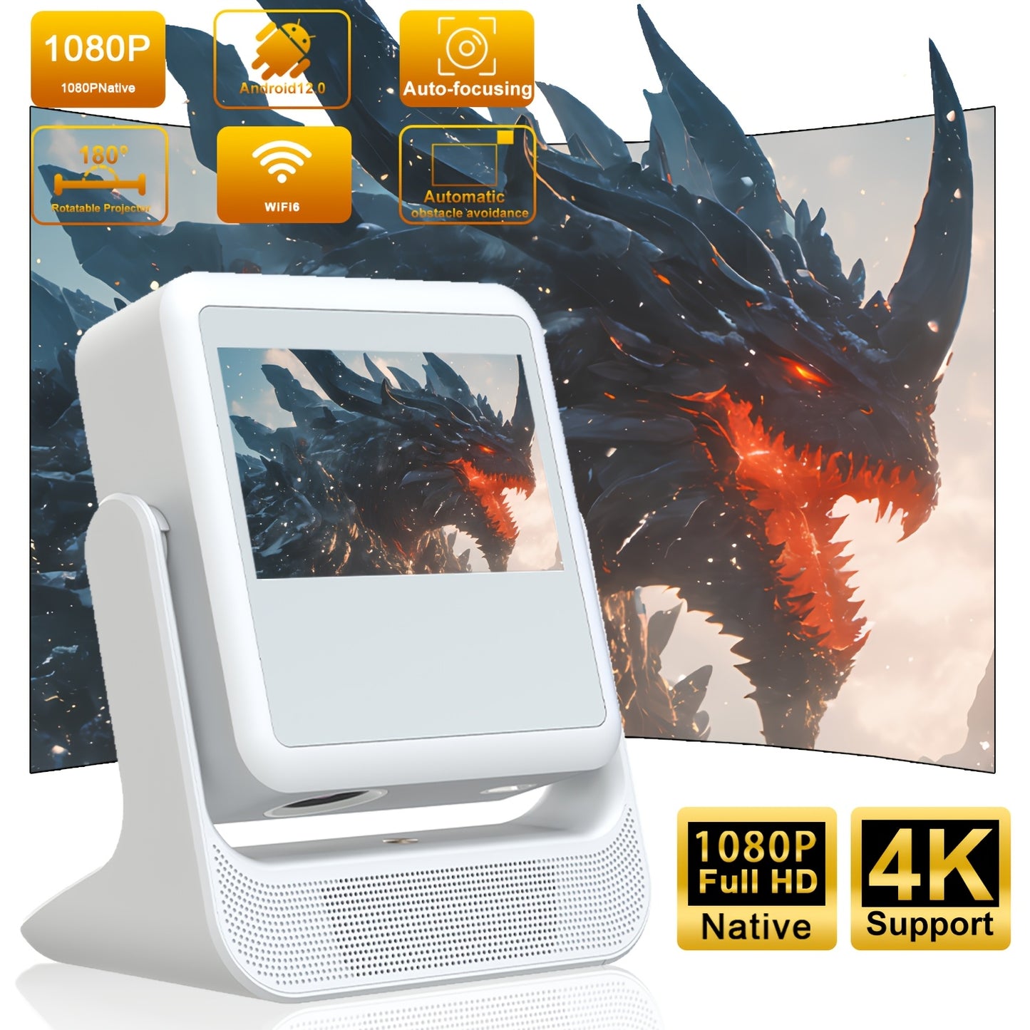 A2 Pro Smart Projector with 8-Inch Touch Screen – Android 12, Native 1080P HD, 4K Compatible Home Theater Projector with Autofocus & Auto Keystone Correction