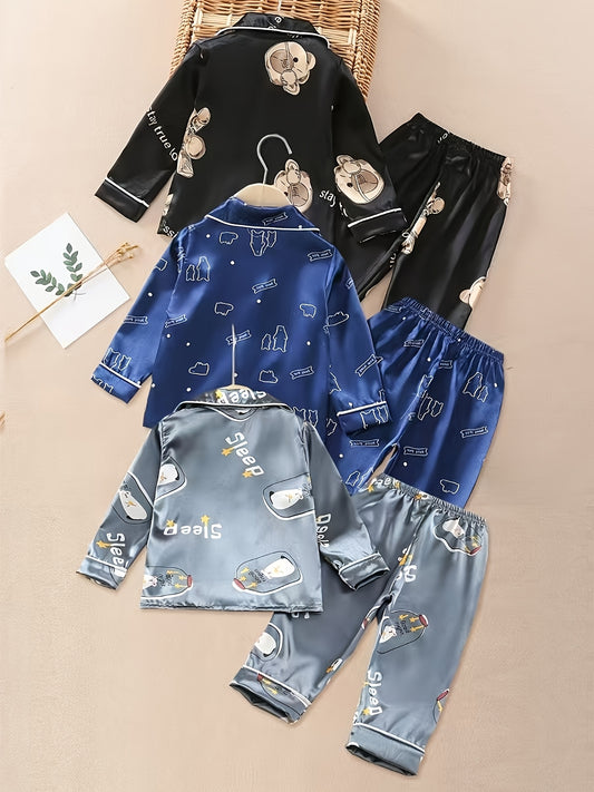 3 Sets (6pcs) Boys’ Cartoon Long-Sleeve Pajama Sets – Casual Non-Stretch Animal Print Sleepwear with Button Front & Cardigan Collar for Spring/Summer/Fall