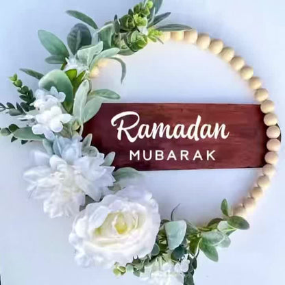 إكليل رمضان مصنوع يدويًا مع لوحة خشبية | زينة زهرية بلاستيكية لعيد الفطر، بنمط بوهيمي، يُعلق على الباب