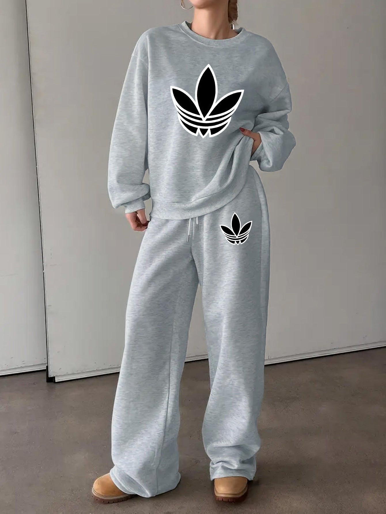 Letter Print Two Piece Set, Crew Neck Sweatshirt & Pants, Women's Clothing