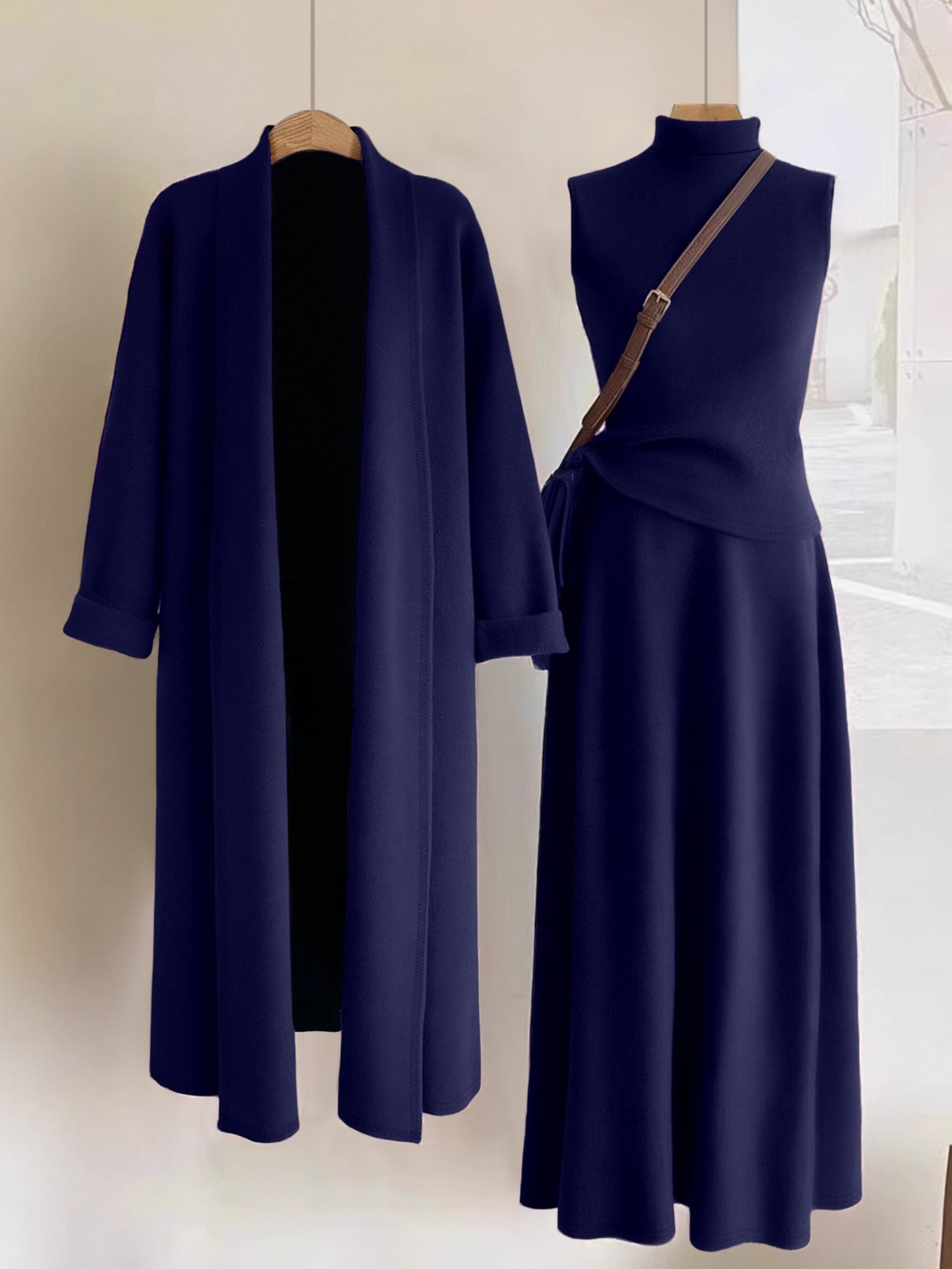 Women’s Elegant 3-Piece Outfit Set – Long Cardigan Jacket, High-Neck Vest & Skirt, Solid Color Chic Ensemble for Casual or Formal Events