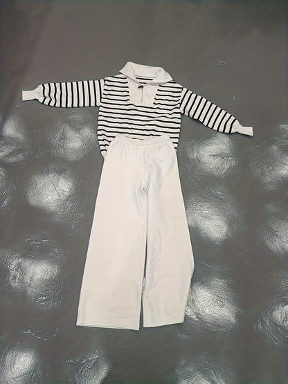 طقم هودي وبنطال مخطط عتيق للنساء - طقم بني مريح من قطعتين لفصل الخريف/الشتاء مع ياقة واقفة وأكمام طويلة وقصة فضفاضة غير رسمية