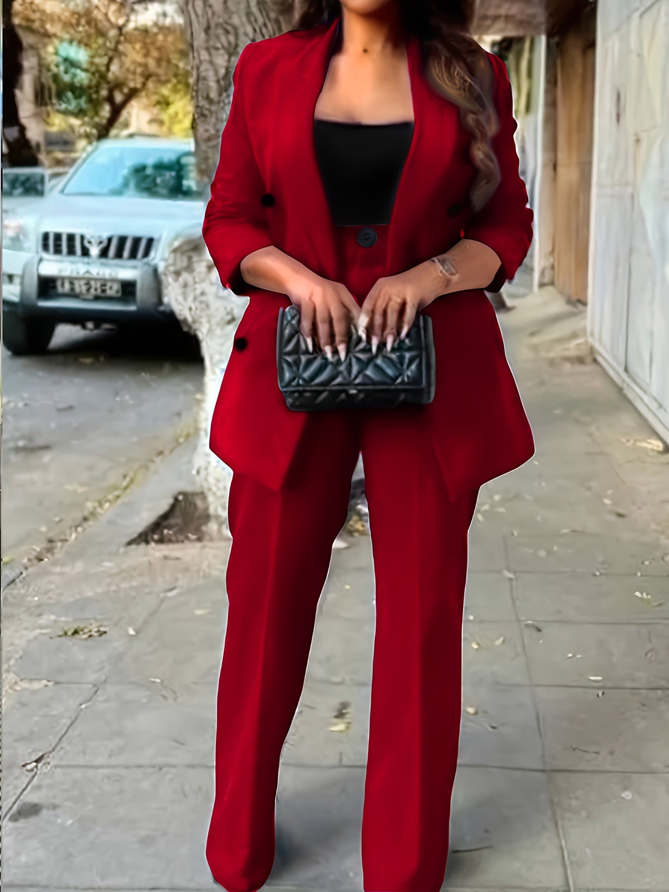 Women's Casual Double-Breasted Blazer and Straight-Leg Pants Suit Set
