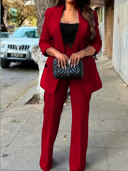 Women's Casual Double-Breasted Blazer and Straight-Leg Pants Suit Set