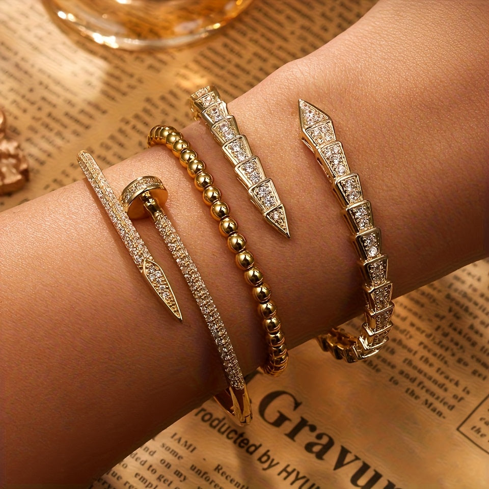 Exquisite Luxury Women'S Jewelry Set of 3, Elegant Style with Copper Plated Golden Inlaid Synthetic Zirconia Design Featuring Snake-Shaped Open Bracelet, Nail-Shaped Bracelet, and Round Bead Bracelet Suitable for Daily Wear a