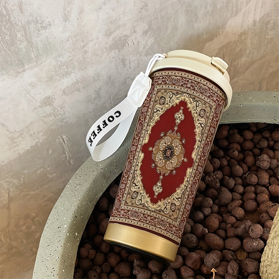 A 530ml Character Pattern Insulated Bottle Cup,Artistic Style,Fashion,Insulated/Cold Coffee Cup,Rope Portable Double Drink Type,Stainless Steel Insulated Bottle Cup,Cold Drink/Hot Drink Cup,Suitable for Ramadan