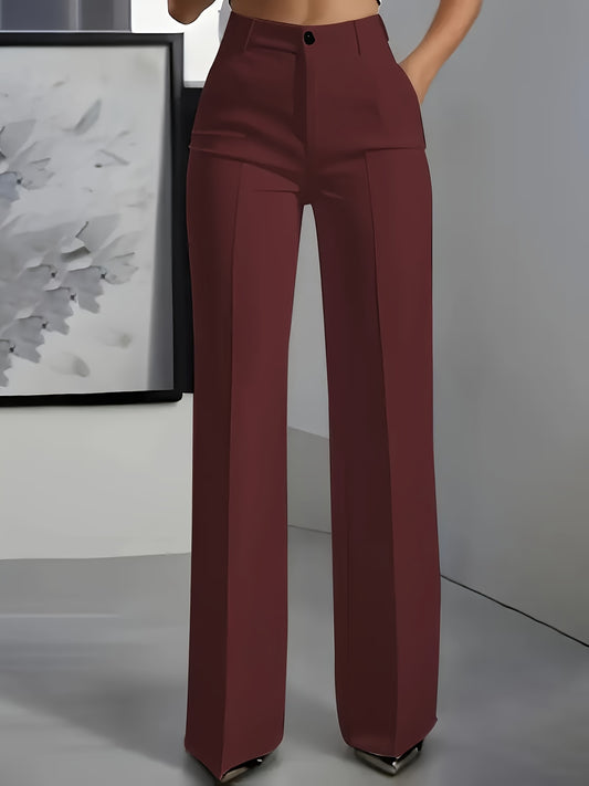 Women’s 2-Piece Elegant Straight-Leg Trousers Set – Solid Burgundy & Black Office Pants with Pockets, Wrinkle-Resistant, All-Season Formal & Casual Wear