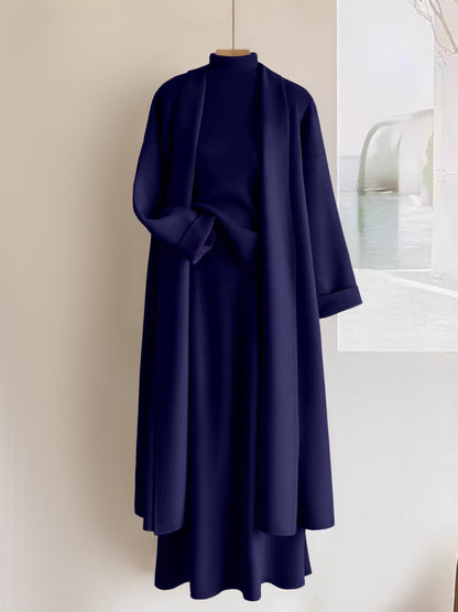 Women’s Elegant 3-Piece Outfit Set – Long Cardigan Jacket, High-Neck Vest & Skirt, Solid Color Chic Ensemble for Casual or Formal Events