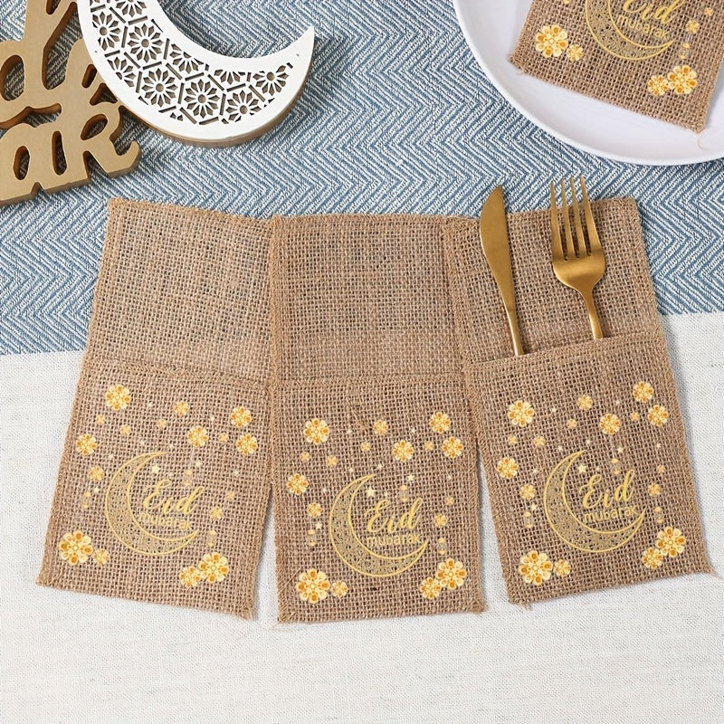 Set of 5 Burlap Bags Featuring Flowers, Perfect for Eid And Ramadan. These Bags Can Hold Knives And Forks And Serve As Festive Decorations for Your Home, Ideal for Islamic Muslim Gatherings And Tableware