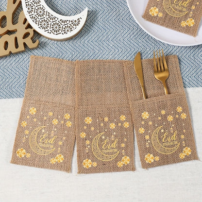 Set of 5 Burlap Bags Featuring Flowers, Perfect for Eid And Ramadan. These Bags Can Hold Knives And Forks And Serve As Festive Decorations for Your Home, Ideal for Islamic Muslim Gatherings And Tableware