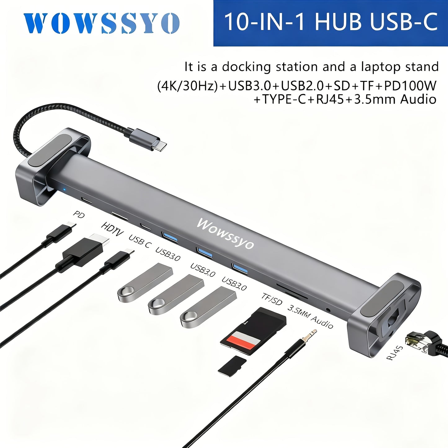 Wowssyo 10-in-1 USB-C Docking Station – Triple Display Hub with 4K HDMI, 100W PD, Ethernet, SD/TF, Audio & USB 3.0