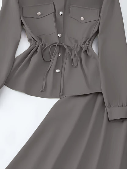 Elegant Women’s Drawstring Waist Top & Skirt Set – Spring/Autumn Collection