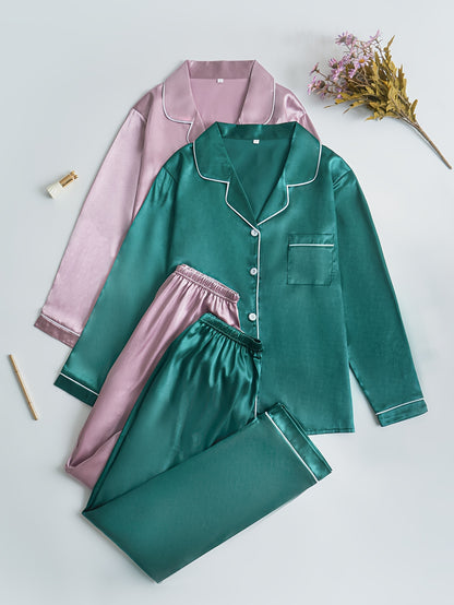 Women’s 2-Set Satin Pajama Collection – Long-Sleeve & Long-Pants Solid Color Sleepwear with Turned Collar and Elegant Button Detailing for Autumn/Winter