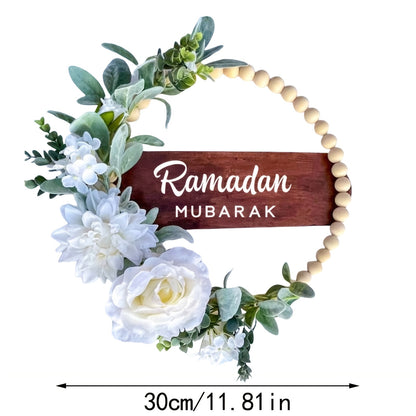 إكليل رمضان مصنوع يدويًا مع لوحة خشبية | زينة زهرية بلاستيكية لعيد الفطر، بنمط بوهيمي، يُعلق على الباب