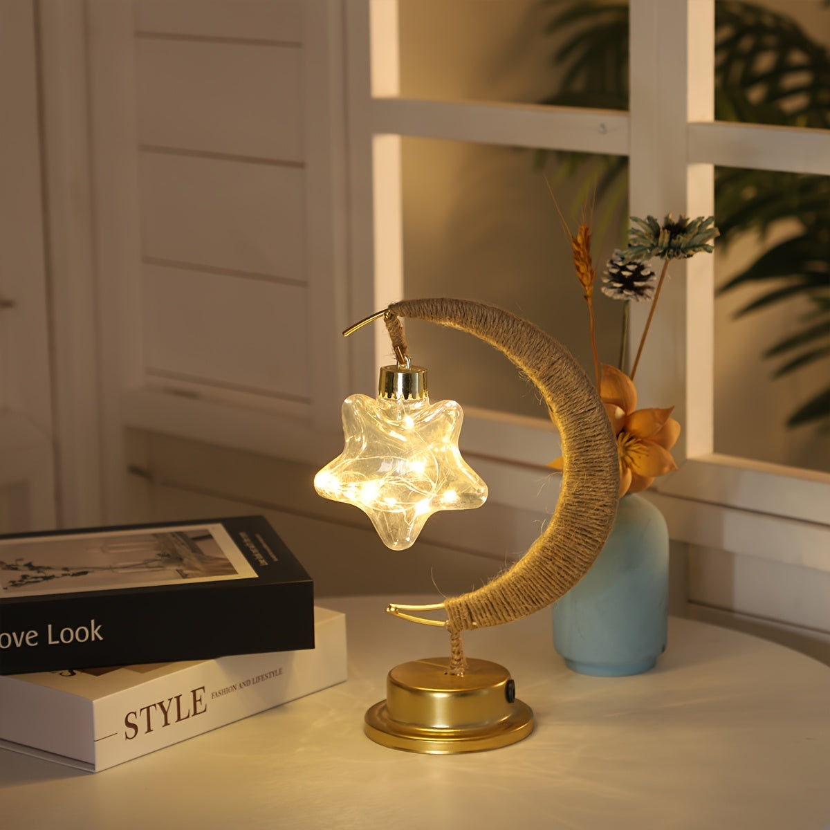 1pc LED Ironwork Rope Star Moon Lamp | Christmas, New Year, Ramadan Lighting, Warm Light, No Battery, Suitable for Holiday Parties, Home Bedroom Desk Lamp Ambience Decoration