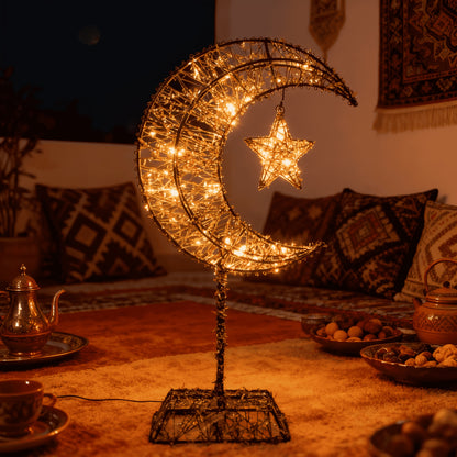 1pc Ramadan Decoration Featuring a Large Moon and Stars, Equipped with 20 LED Lights, Battery-powered, with a Metal Cutout Design. Easy-to-install Ramadan Ornament, Suitable for Festive and Celebratory Home Decor. Requires 2