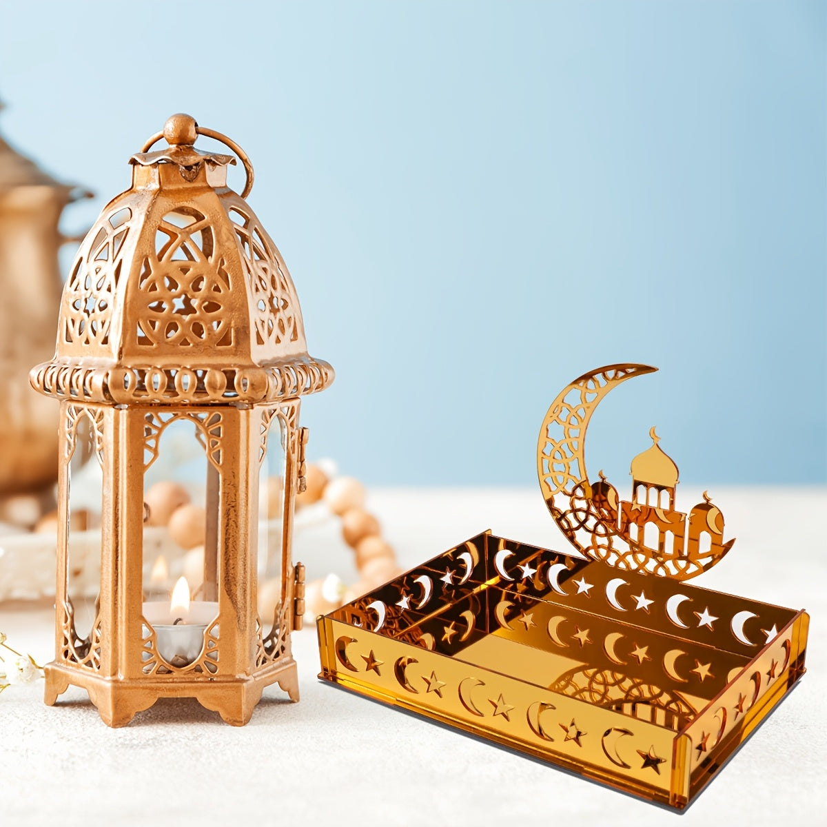 1pc Ramadan Kareem Acrylic Tray | Moon Star Castle Eid Mubarak Table Centerpiece, Ramadan Decoration for Home, Ramadan Mubarak Eid Al-Fitr Gifts, Islamic Muslim Party Supplies Ornament, Table Decor - FengRise