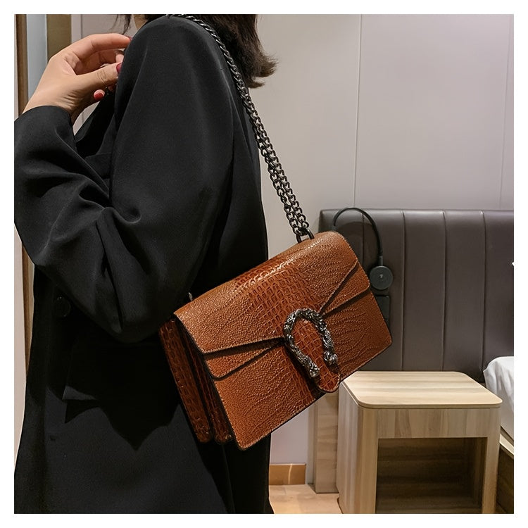 Women’s Luxury Crocodile-Embossed Crossbody Bag – Vintage Faux Leather Shoulder Purse with Adjustable Chain Strap, Zipper & Snap Closure, G-Style Design
