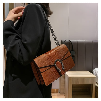 Women’s Luxury Crocodile-Embossed Crossbody Bag – Vintage Faux Leather Shoulder Purse with Adjustable Chain Strap, Zipper & Snap Closure, G-Style Design