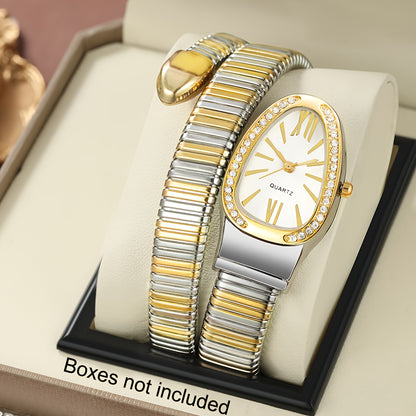 Women’s Elegant Serpentine-Design Quartz Watch – Golden-Tone Alloy Strap with Roman Numerals, Stylish Daily Wear Timepiece