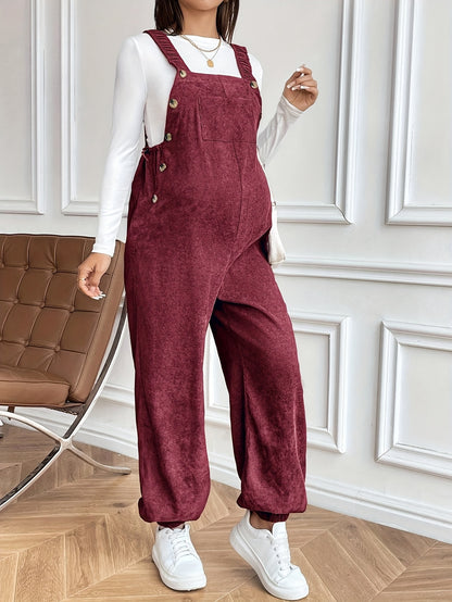 Women’s Maternity Oversized Trousers – Full-Length Corduroy-Style Pregnancy Pants with Adjustable Drawstring Waist & Golden-Tone Buttons