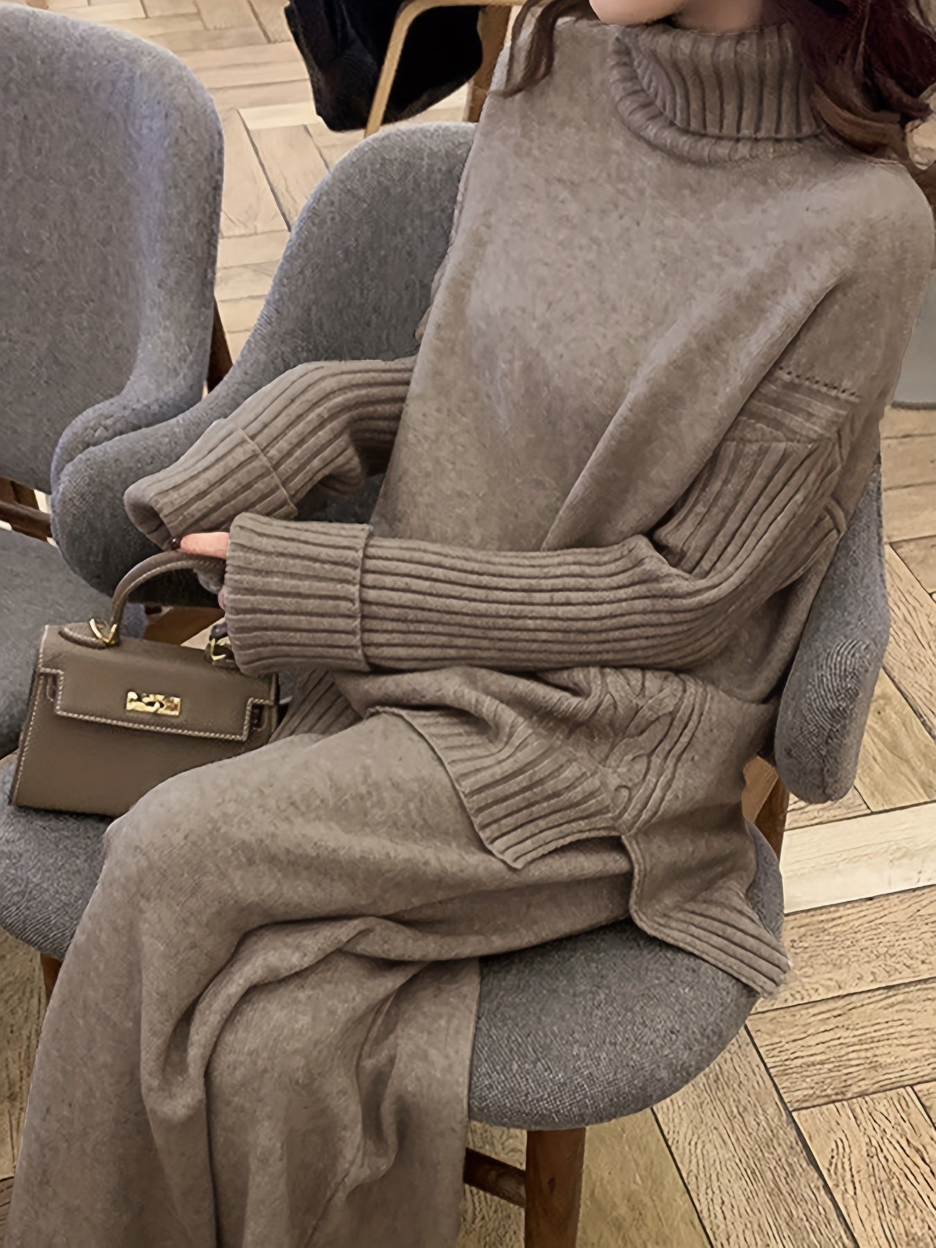 Autumn & Winter Sweater Set – Elegant High-Neck Top with Wide-Leg Pants, Solid Color Casual Chic Outfit