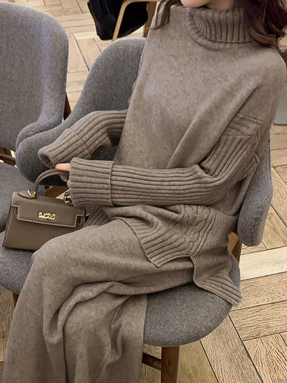 Autumn & Winter Sweater Set – Elegant High-Neck Top with Wide-Leg Pants, Solid Color Casual Chic Outfit