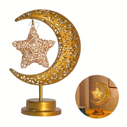 [Boho Star Night Light] Shenzhi Tech Star & Moon Metal Rattan Night Light | Decorative LED Lamp with Golden Crescent Moon & Star Design, Perfect for Bedroom, Kitchen Table, or Desk Decor, Boho Home Ambient Lighting, Table Lam