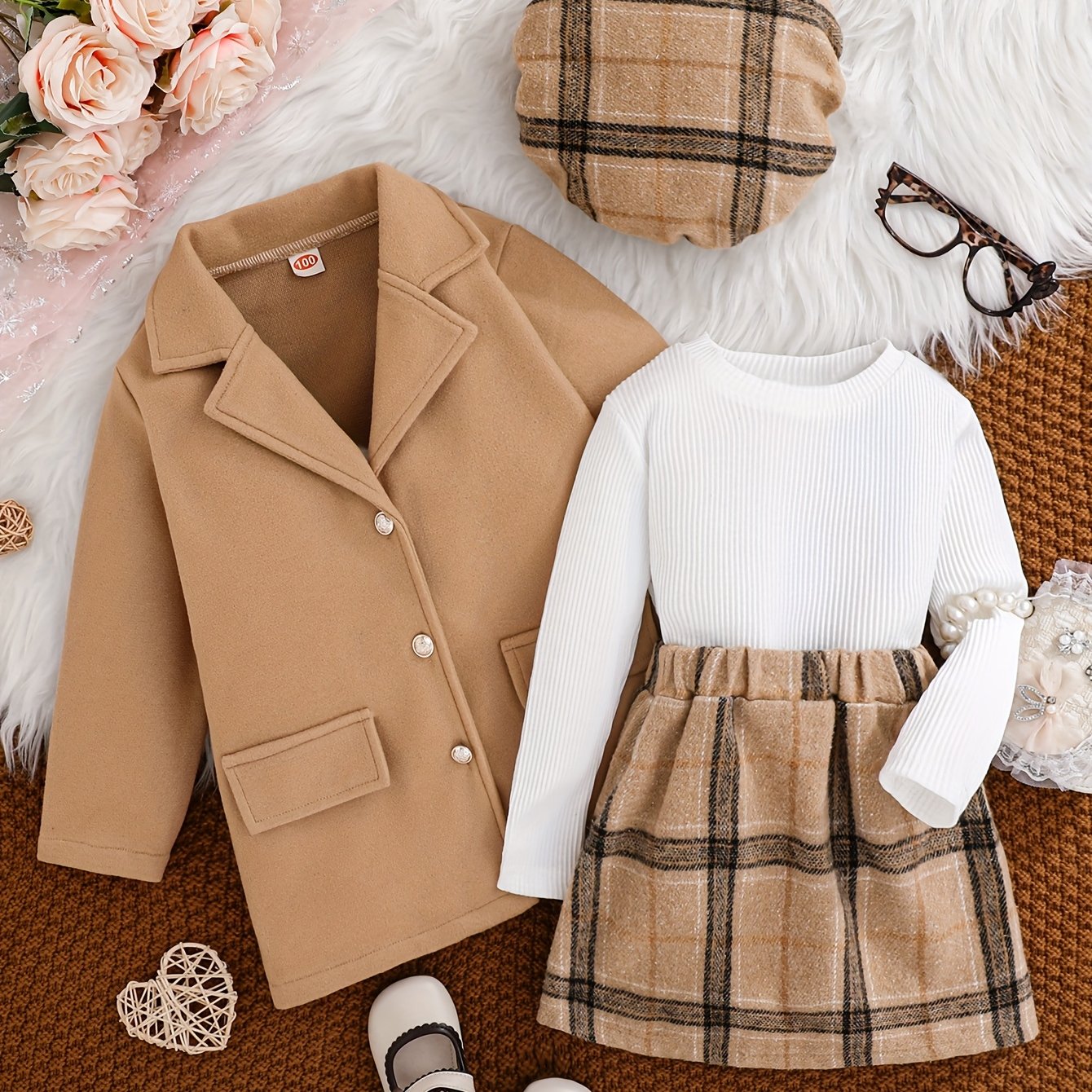Girls’ 4-Piece Autumn/Winter Fashion Set – Button-Up Coat, Ribbed Long-Sleeve Top, Checkered Elastic-Waist Skirt & Matching Beret