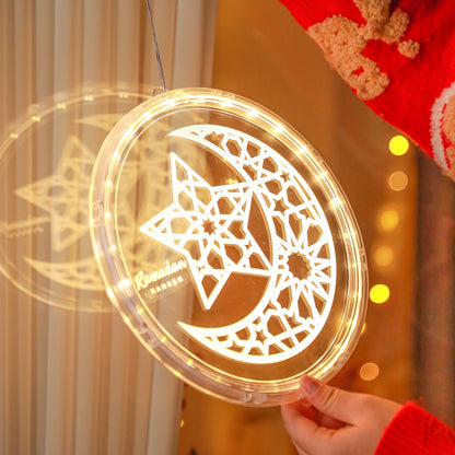 فوانيس رمضانية بتقنية LED - تصميم الخط العربي والهلال، تعمل بالبطارية، مصابيح معلقة داخلية/خارجية مع زر تحكم، فوانيس زخرفية