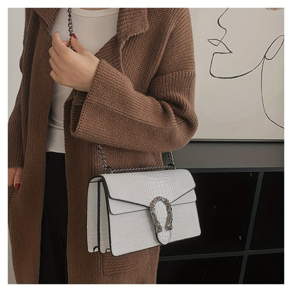 Women’s Luxury Crocodile-Embossed Crossbody Bag – Vintage Faux Leather Shoulder Purse with Adjustable Chain Strap, Zipper & Snap Closure, G-Style Design