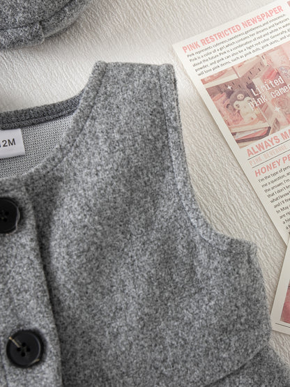 3-Piece Winter Baby Dress Set – Jacket, Vest Dress & Matching Hat with Bow and Button Details, Soft Cozy Outfit for 1st Birthdays & Christenings (Grey)