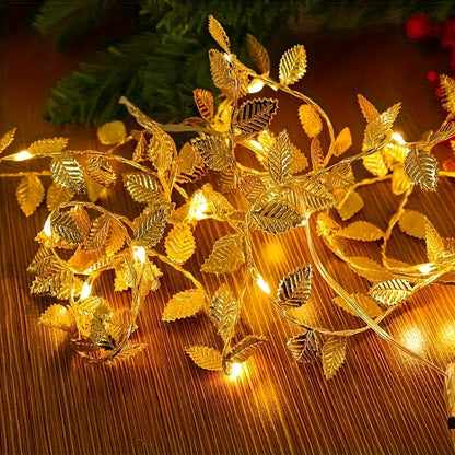 Golden Leaf Garland Fairy Lights | Plastic, Warm White LED, Battery Powered (2 Batteries Not Included), Ideal for Home, Tabletop, Wedding, Ramadan, Special Event Decorations - Featherless, No Batteries Included