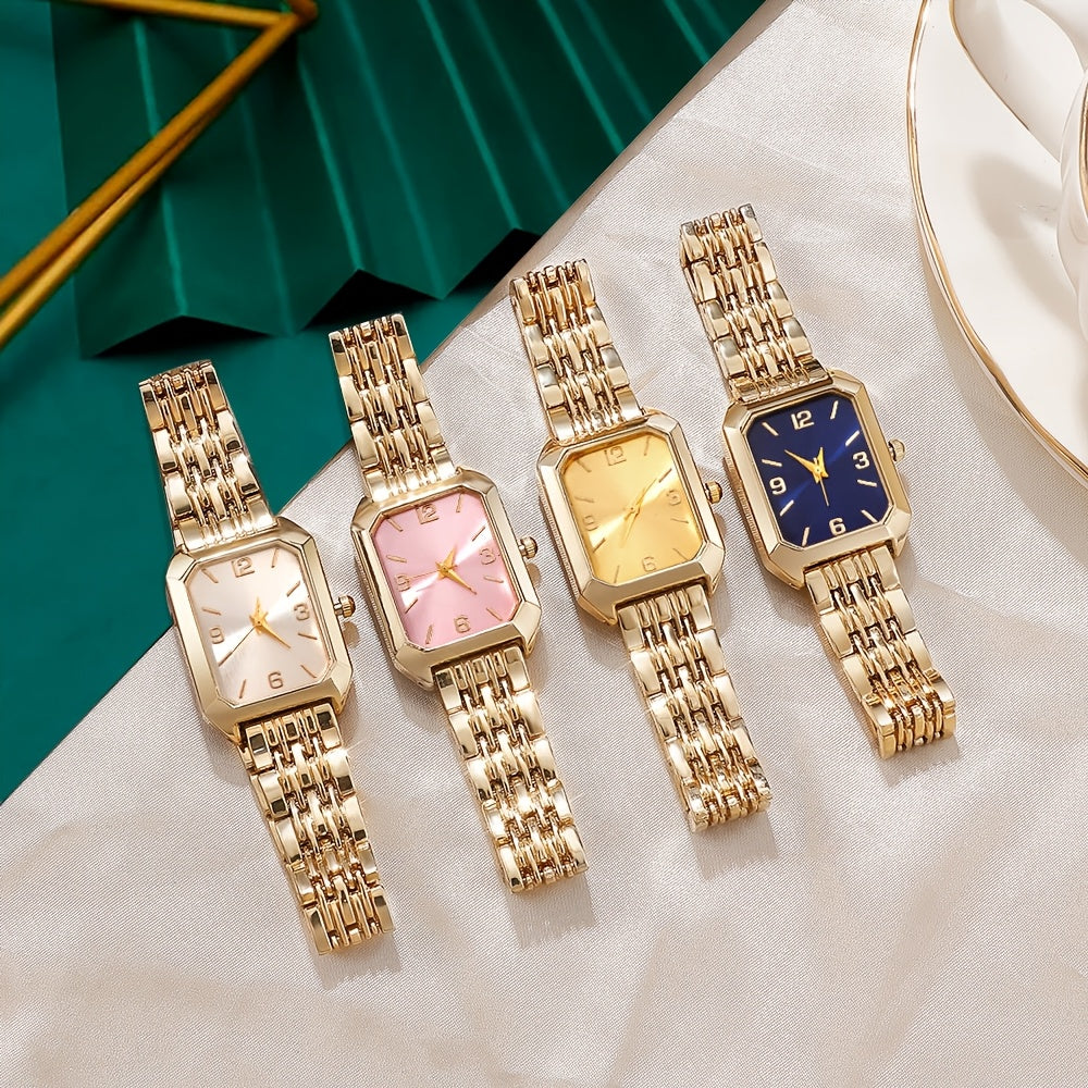 Women’s 4-Piece Quartz Watch Gift Set – Stylish Retro Rectangular Dial with Comfortable Alloy Straps, Perfect for Daily Wear & Gifting
