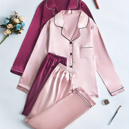 Women’s 2-Set Satin Pajama Collection – Long-Sleeve & Long-Pants Solid Color Sleepwear with Turned Collar and Elegant Button Detailing for Autumn/Winter