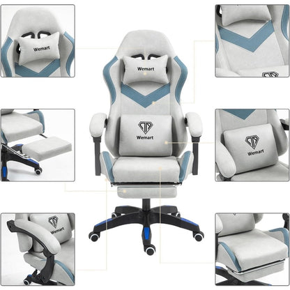 Wemart Ergonomic Gaming Chair – Breathable Fabric with Head & Waist Pillow, Footrest, 300kg Capacity, Grey