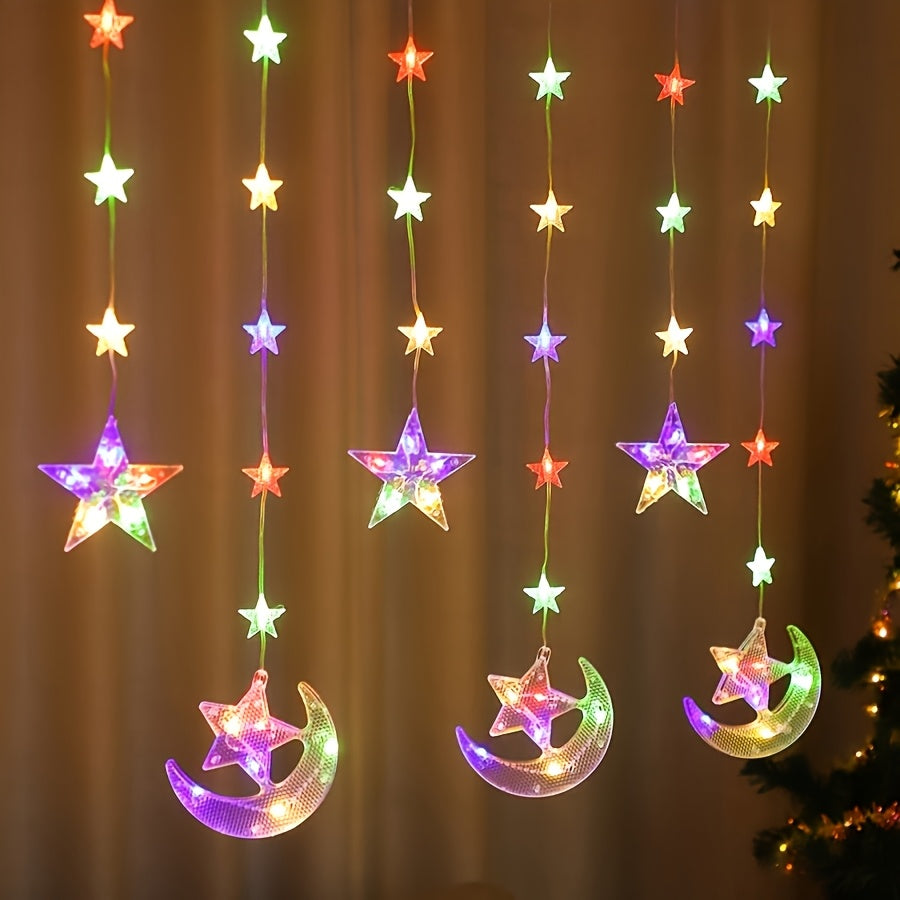 ستارة إضاءة دافئة على شكل هلال ونجمة، بطول 200 سم/78.74 بوصة، أضواء سلسلة LED رمضانية، مناسبة لتزيين غرف النوم، وتزيين الجدران والنوافذ، خيار مثالي لرمضان، عيد الفطر، رمضان مبارك، للمنزل