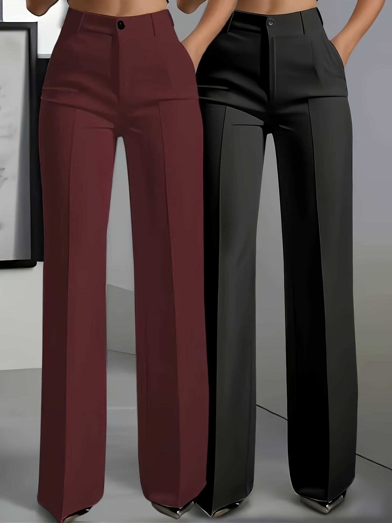 Women’s 2-Piece Elegant Straight-Leg Trousers Set – Solid Burgundy & Black Office Pants with Pockets, Wrinkle-Resistant, All-Season Formal & Casual Wear