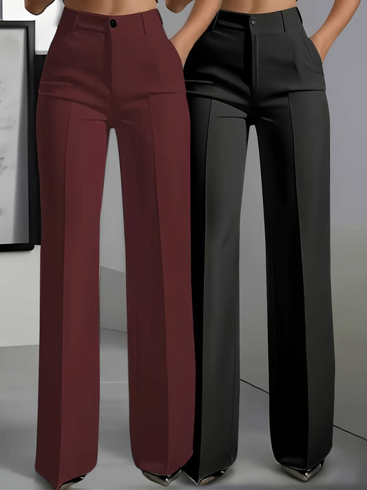 Women’s 2-Piece Elegant Straight-Leg Trousers Set – Solid Burgundy & Black Office Pants with Pockets, Wrinkle-Resistant, All-Season Formal & Casual Wear