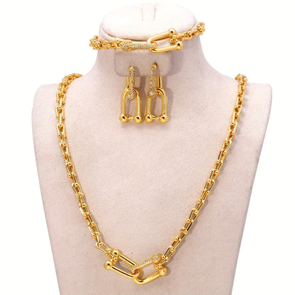 Women’s Elegant Interlocking Micro-Inlay Jewelry Set – Earrings, Necklace & Bracelet with Chain Design, Light Luxury Style for Weddings & Valentine’s Day