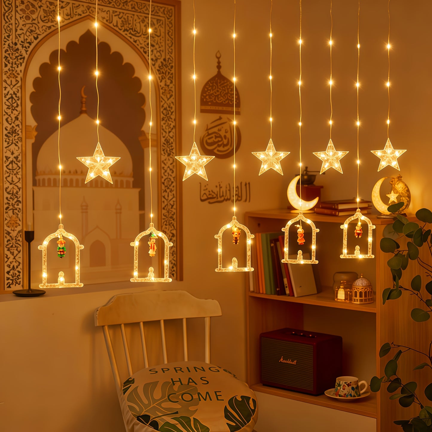 أضواء رمضان، أضواء ستائر رمضان، أضواء سلسلة LED رمضانية تعمل بمنفذ USB، أضواء ستائر على شكل هلال، أضواء ستائر على شكل قلعة قمرية، زينة منزلية للمهرجانات، أضواء دافئة ورومانسية مع 8 أوضاع إضاءة.