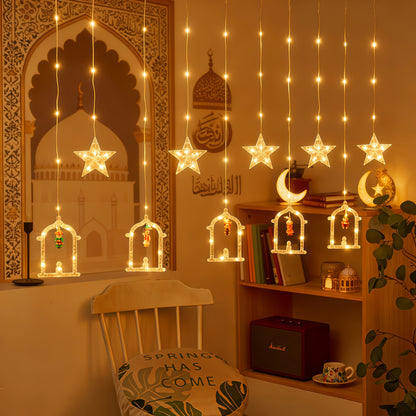 أضواء رمضان، أضواء ستائر رمضان، أضواء سلسلة LED رمضانية تعمل بمنفذ USB، أضواء ستائر على شكل هلال، أضواء ستائر على شكل قلعة قمرية، زينة منزلية للمهرجانات، أضواء دافئة ورومانسية مع 8 أوضاع إضاءة.