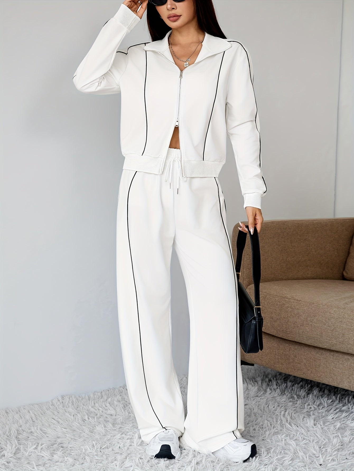 طقم نسائي من قطعتين، جاكيت بسحاب متعدد الألوان وبنطلون برباط، مناسب للربيع والخريف