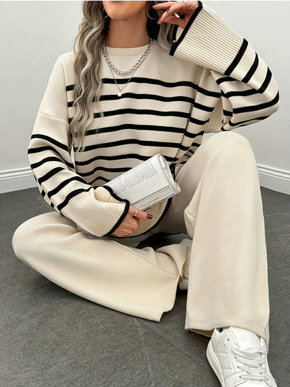 سترة نسائية شتوية دافئة مخططة - بلوزة محبوكة بأكمام طويلة ورقبة دائرية باللونين الأسود والأبيض، سترة أنيقة قابلة للتمدد مع الجينز والسراويل الضيقة