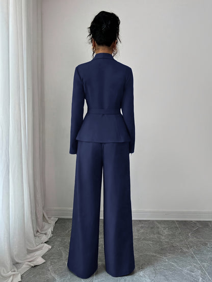 Women’s Elegant Solid Color Pants Suit – Chic Two-Piece Set with Button Details for All-Season Wear