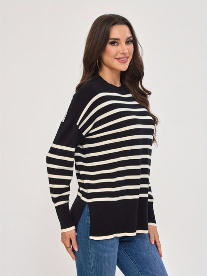 سترة نسائية شتوية دافئة مخططة - بلوزة محبوكة بأكمام طويلة ورقبة دائرية باللونين الأسود والأبيض، سترة أنيقة قابلة للتمدد مع الجينز والسراويل الضيقة