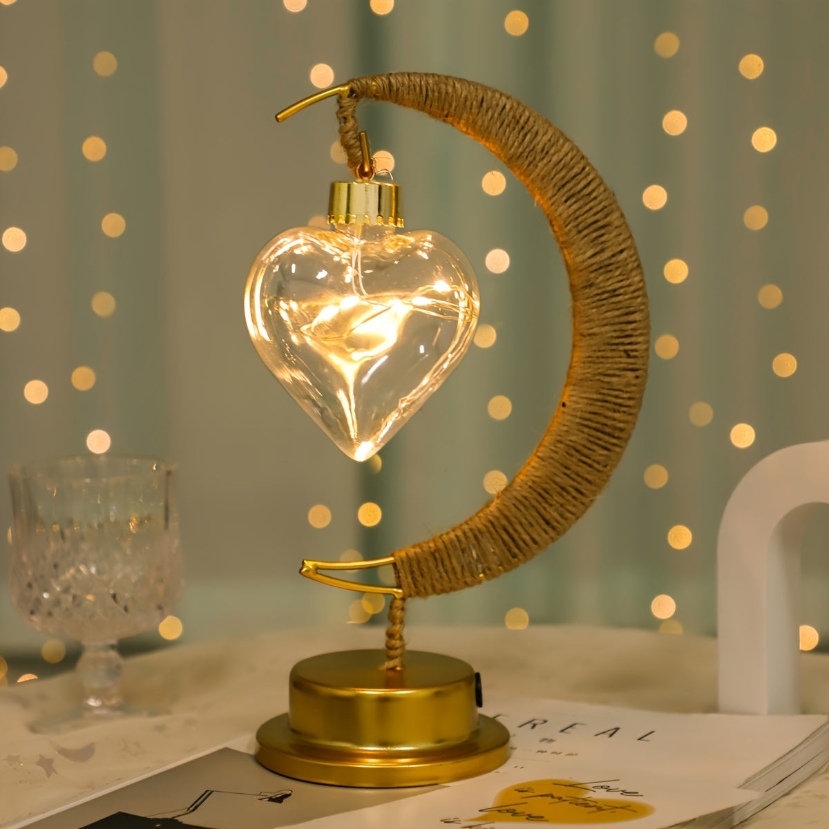 1pc LED Iron Art Hemp Rope Star and Moon Lamp Suitable for Festive Parties, Home Bedroom Table Light Atmosphere Modeling, Christmas, New Year, Eid al-Fitr and Ramadan Decoration Lighting (without Battery, Warm Light)